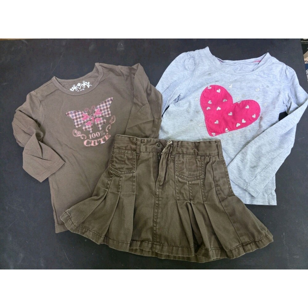 Lot of 3 girls 2 long sl tops butterfly heart and a 1 plain pleaded skirt size 4